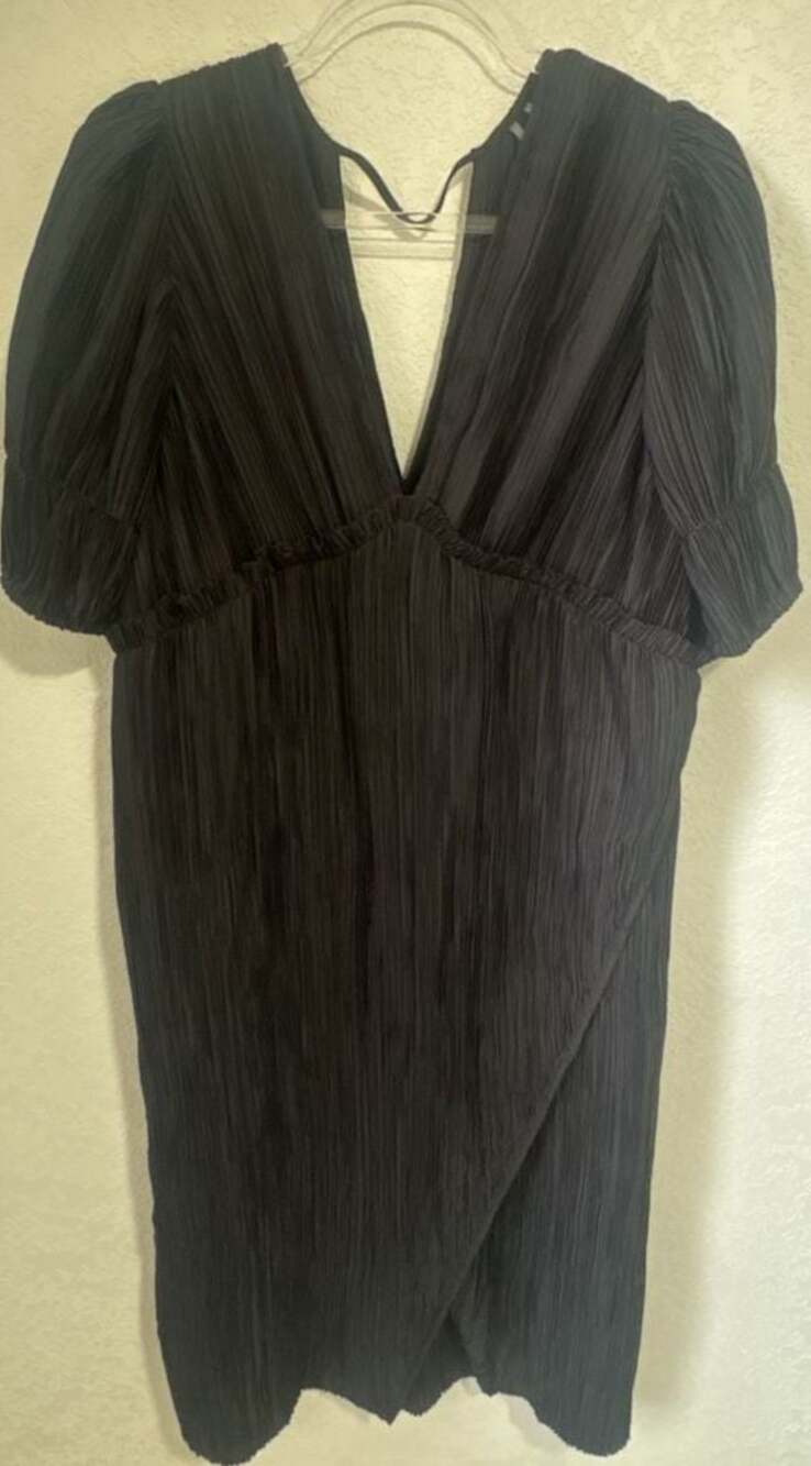 Anthropologie Black Pleated Midi Dress with Puff Sleeves
